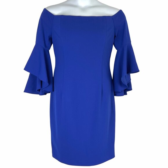 Calvin Klein Off-Shoulder Sheath Blue Dress Size 14 Ruffled 3/4 Sleeves EUC - Picture 1 of 14